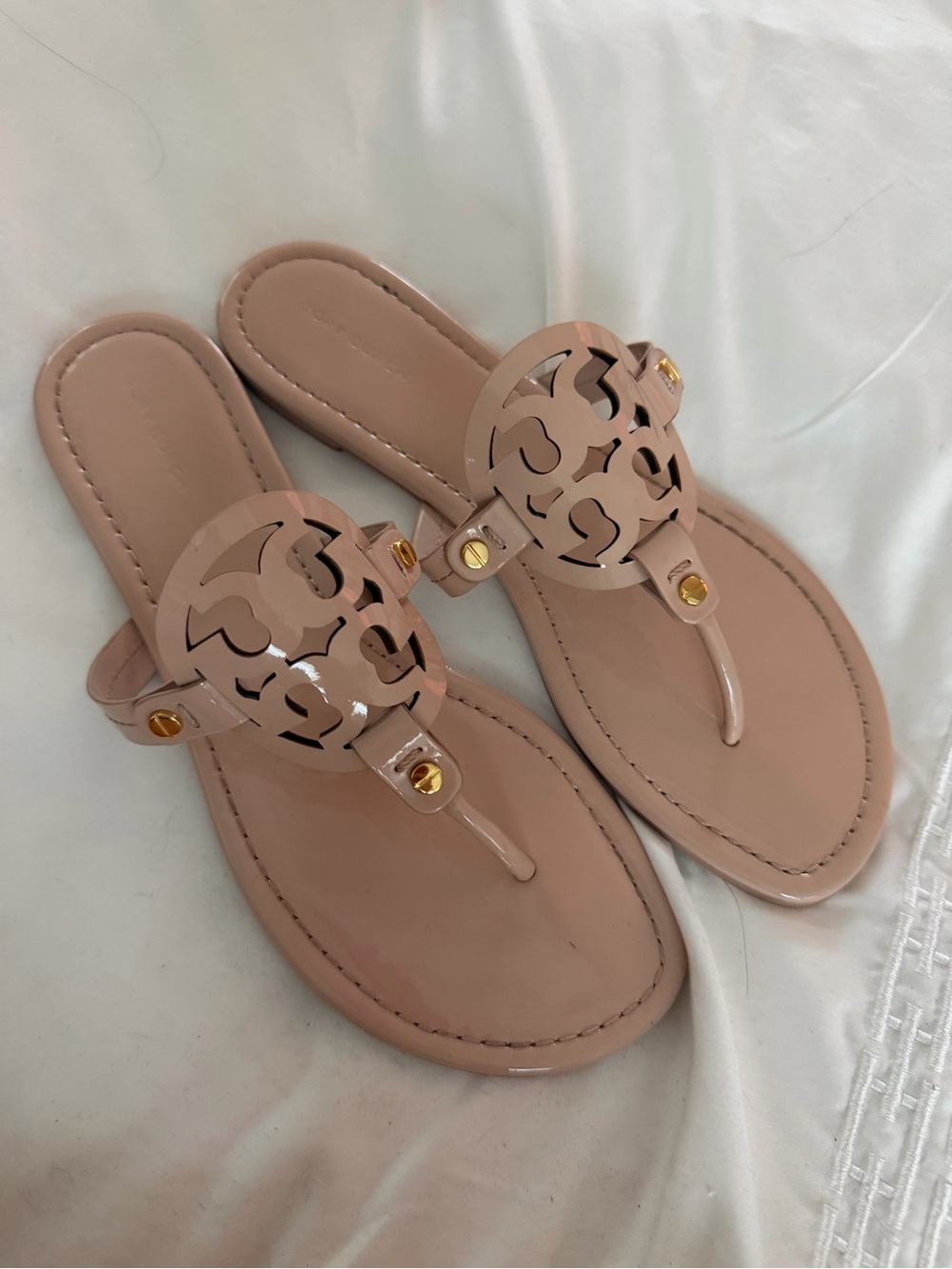 Tory Burch Blush Patent Leather Cutout Logo Thong Sandals with Gold Studs